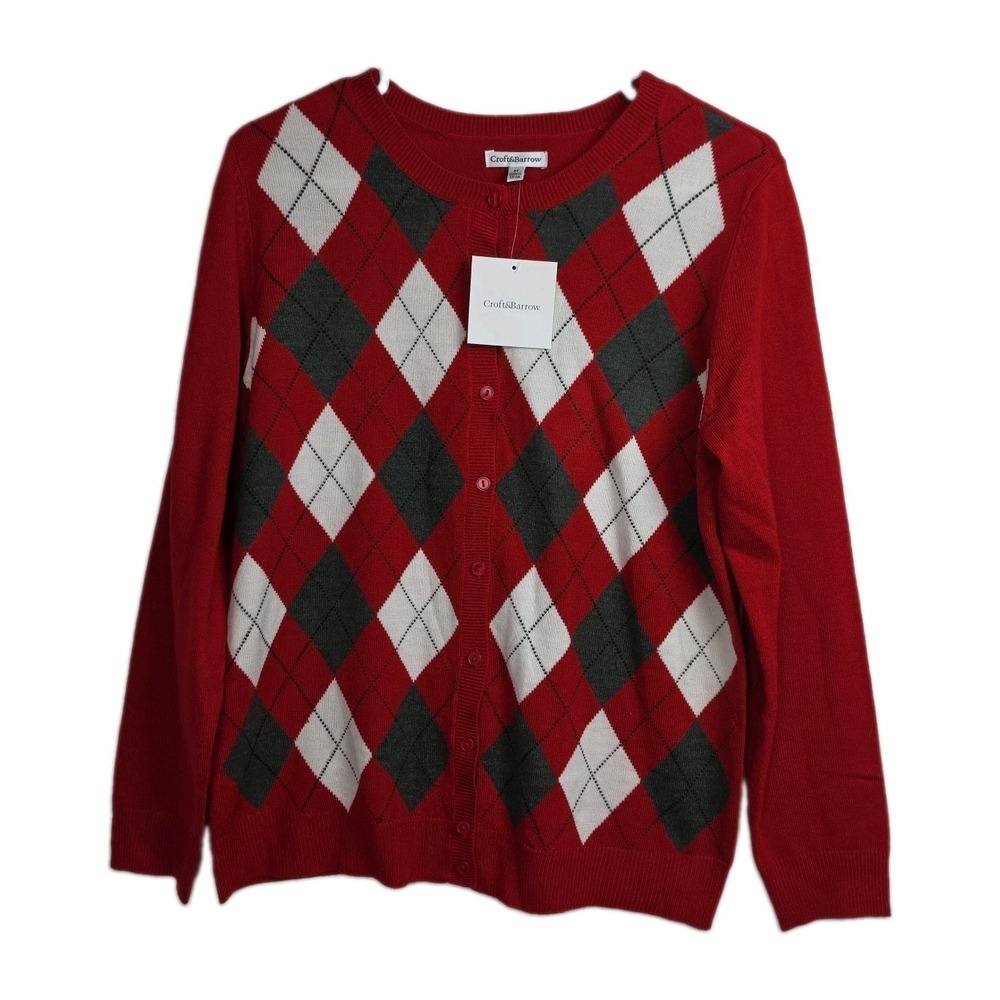 NWT Croft & Barrow Button-Up Cardigan Sweater Women's M Red/Gray/White Argyle